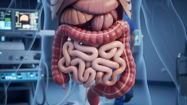 Human Digestive System Anatomy: 3D Render of Intestines & Organs in Medical Background