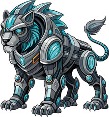 Fototapeta premium A whimsical, futuristic lion featuring bright, glowing LED eyes and a robotic body, showcasing a blend of nature and technology