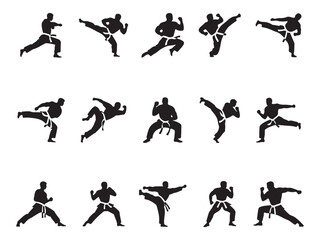 Black Silhouette of Karate/Taekwondo Forms, A collection of dynamic black silhouettes depicting various karate and taekwondo stances and kicks.
