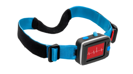 Blue and black adjustable head strap with a small screen displaying a heart rate monitor isolated on transparent background
