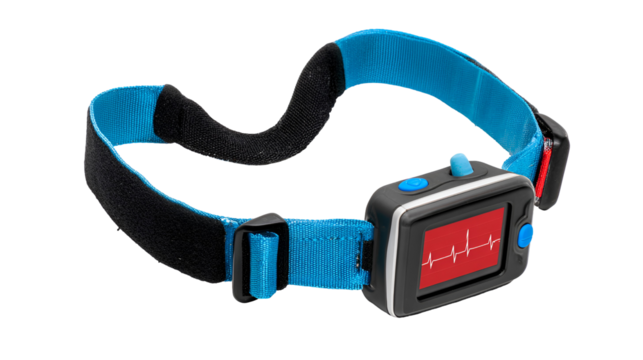 Blue and black adjustable head strap with a small screen displaying a heart rate monitor isolated on transparent background