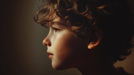 A thoughtful young boy with curly hair gazes into the distance, captured in soft, warm light.
