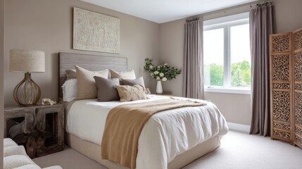 Fototapeta premium scandi american eclectic bedroom full view, tall headboard with wood and linen, warm beige wall, fabric screen by window, sculptural light