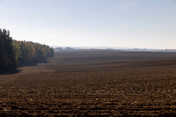 a plowed agricultural field with fertile soil prepared for sowing a new crop of plants, plowed for...