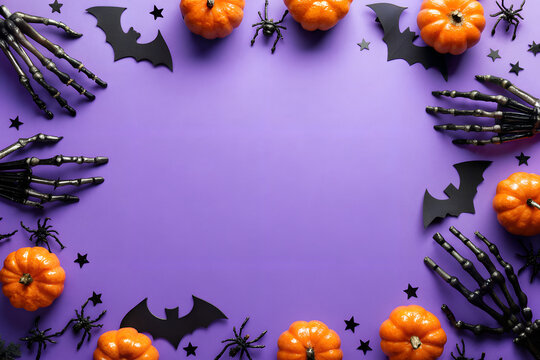 Halloween decorations on violet background. Flat lay pumpkins, bats, spiders, skeletons and confetti. Top view with copy space. Halloween concept.