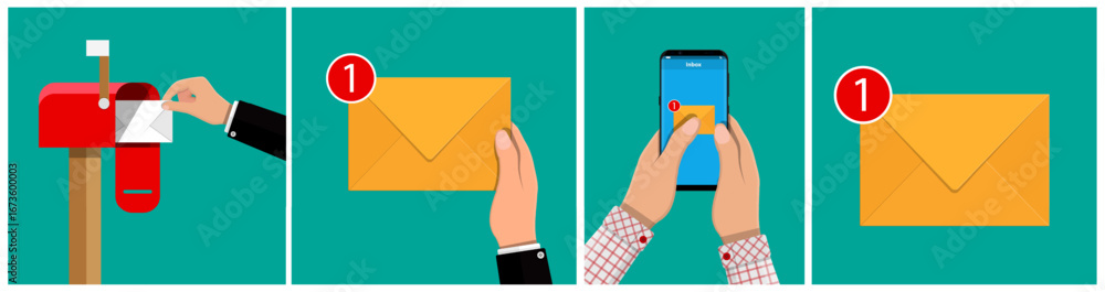 Poster man checking traditional mailbox for letter. new message notification on smartphone. email and physi