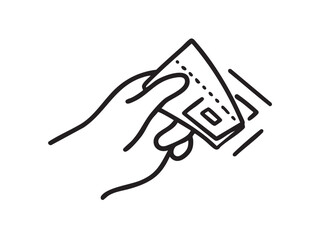 Hand holding a credit card for payment processing illustration with simple black outline representing modern financial transactions and digital payment solutions for business and personal finance