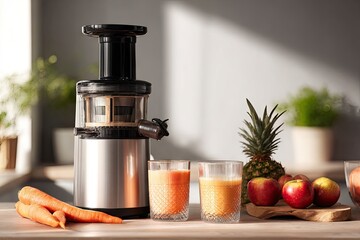 Modern juicer beside fresh juices and fruit