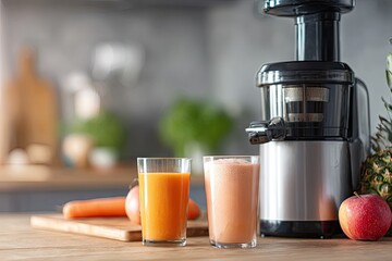 Fresh juices in glasses next to a juicer