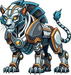 Fototapeta premium A whimsical, futuristic lion featuring bright, glowing LED eyes and a robotic body, showcasing a blend of nature and technology