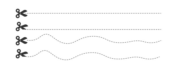 Cut here symbol.Cut lines with scissors. Scissors icons set.