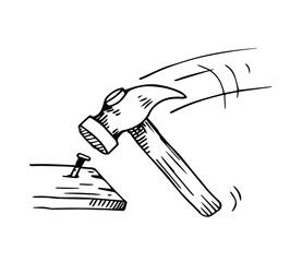 Hand hammering nails hand drawn sketch isolated  on white background