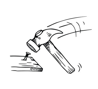 Hand hammering nails hand drawn sketch isolated  on white background