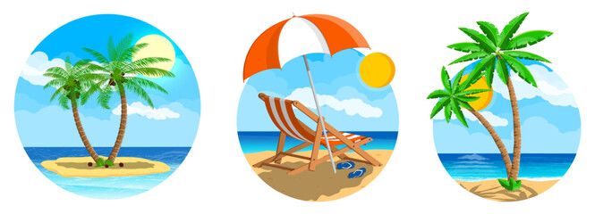 Bright flat landscape set with a palm tree on an island and a beach chair. Tropical summer vacation holiday concept.