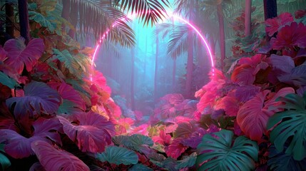 Tropical leaves circle frame with pink blue neon lights round frame flicker animation cosmetics and beauty nature products sale shopping vertical social media motion background