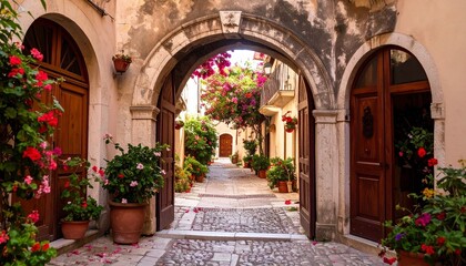 “Charming Mediterranean alleyway framed by stone arch, cobblestone path, vibrant flowers and potted plants, sunlit village scene”