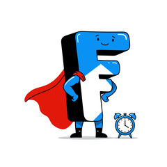 Superhero cartoon F with cape and clock mascot