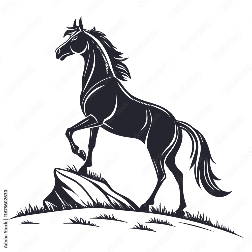 Poster stylized black horse with white outline standing majestically against a white background in vector f