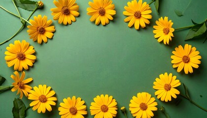 &ldquo;Yellow daisies and green leaves on light green background, flat lay floral frame with empty center&rdquo;
