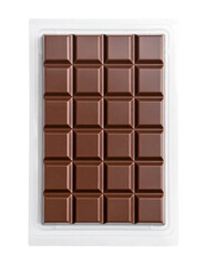 Obraz premium Top view of dark chocolate in transparent plastic packaging Isolated on transparent or white background