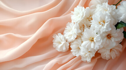 Elegant white flowers on soft peach fabric background