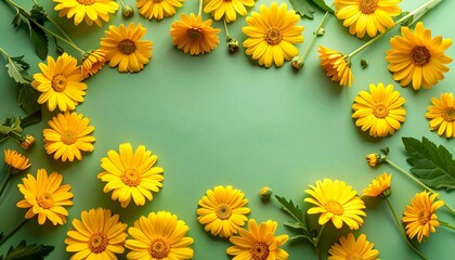 “Yellow daisies and green leaves on light green background, flat lay floral frame with empty center”