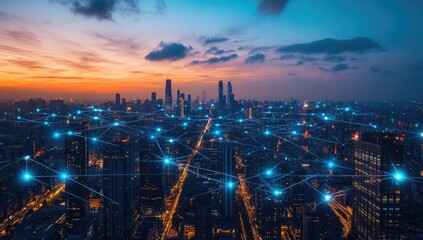 City skyline at dusk, connected by a network of glowing lines (1)