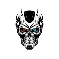 Cybernetic Skull with Horns and Glowing Eyes Illustration