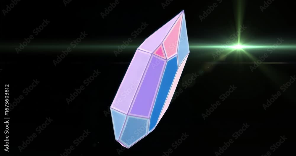 Poster faceted polygon rotating for demo, green flare appearing then fading showing pastel faces shifting