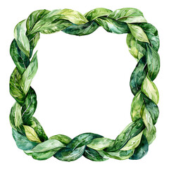 Fototapeta premium a watercolor painting of a square frame made from a braided wreath of lush green leaves.