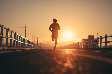 Silhouetted runner on a bridge at sunrise