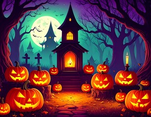 Spooky Halloween pumpkin background with bats and a scary house under a full moon