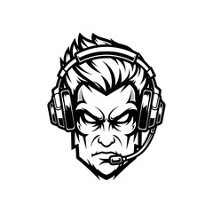 Angry Gamer Head with Headphones and Headset