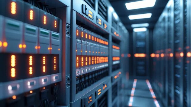 Data server racks with glowing indicator lights in modern datacenter corridor showcasing cloud storage technology and network infrastructure
