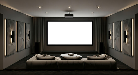 Blank Home Theater Projector Screen In Dark Luxury Room