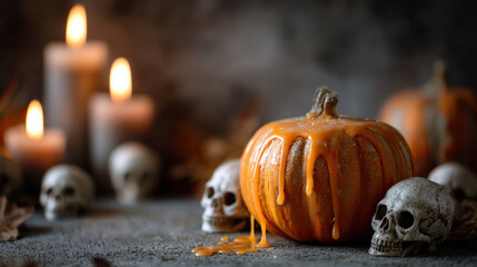 Halloween pumpkin with dripping candle wax surrounded by skulls and burning candles creating spooky gothic mood