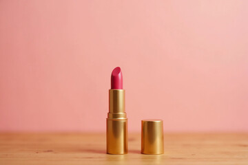 A single pink lipstick in an elegant golden tube placed on a wooden tabletop, set against a soft pink background, highlighting the product's sophisticated design.