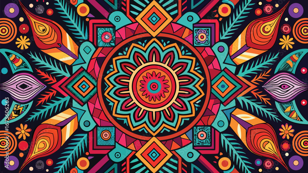 Poster a striking black background adorned with a colorful array of ethnic patterns and designs..eps