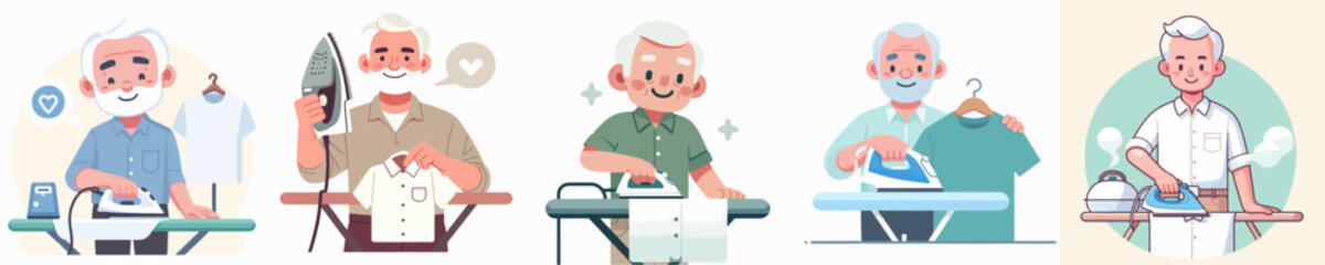 vector of a grandfather ironing clothes