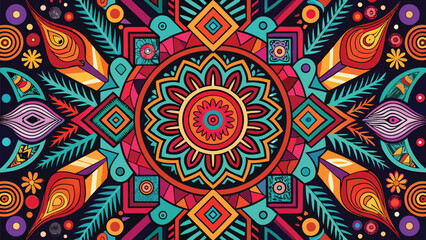 A striking black background adorned with a colorful array of ethnic patterns and designs..eps