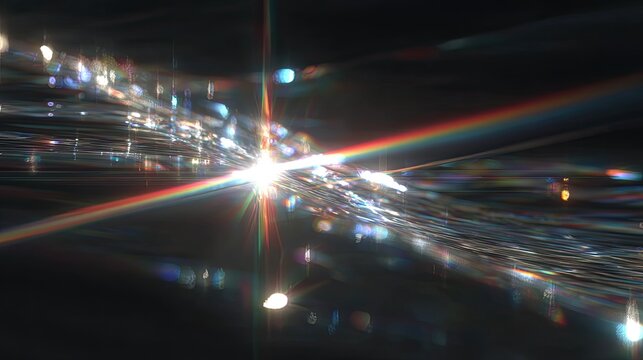 Abstract light streaks, vibrant lens flares, and chromatic aberration