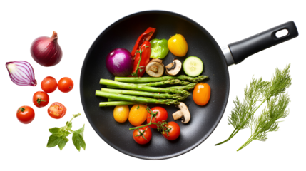 Fresh vegetables and herbs in a frying pan isolated on transparent background