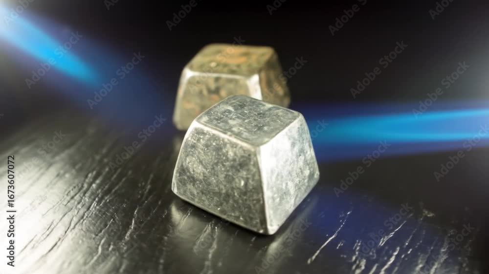 Poster two silver metallic cubes reflecting light on a dark surface in studio setting with refraction and g