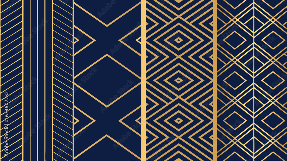 Poster geometric patterns in shades of blue and gold, displaying a variety of shapes and designs in a harmo