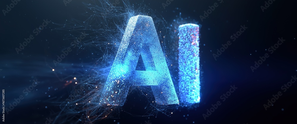 Poster luminous ai emblem with particle-based text floating in galaxy backdrop, illustrating intelligent ne