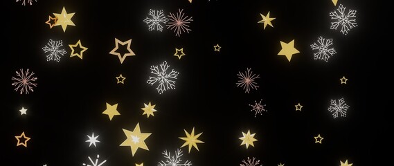 Beautiful winter background with gold stars and snowflakes on a black backdrop. Perfect for holiday designs.