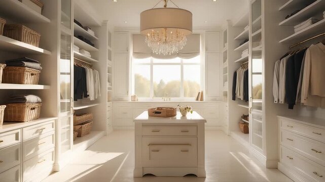 Luxurious walk-in closet with elegant chandelier, organized shelves, wicker baskets, and natural sunlight creating stylish modern interior