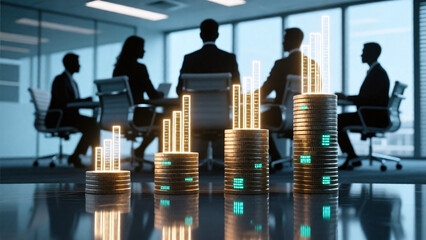 Business meeting with rising coin stacks and financial data overlay.  
