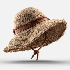 Natural straw sun hat with brown leather band
