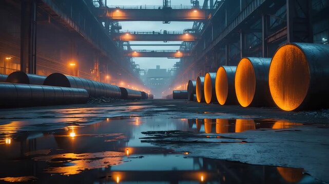 Large industrial steel pipes glowing under factory lights in spacious warehouse with reflections on wet floor creating dramatic atmosphere